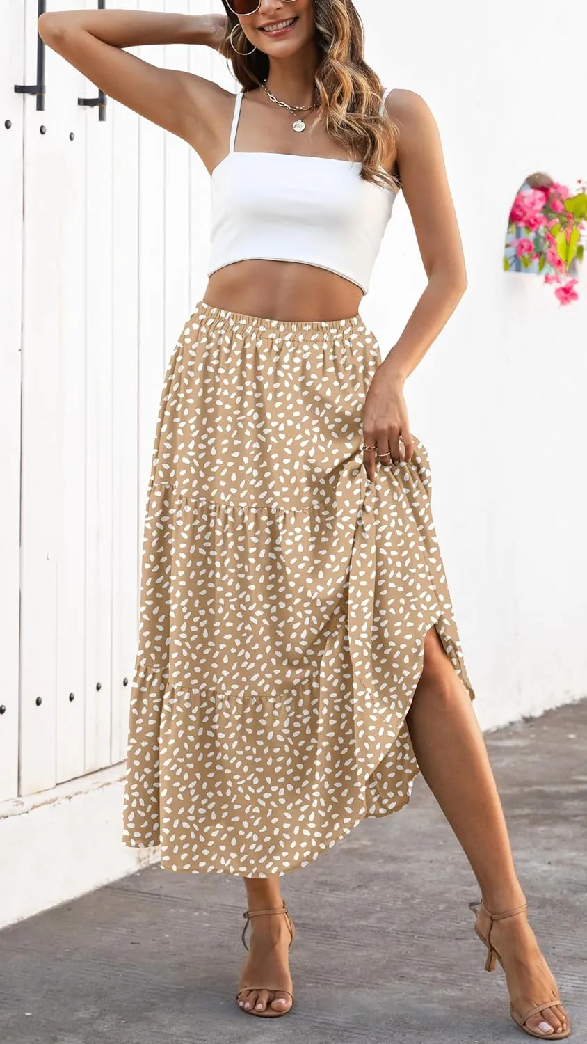 Naggoo Women's Summer Maxi Skirt Tiered A Line Ruffle Elastic High Waisted Flowy Beach Long Skirts with Pockets
