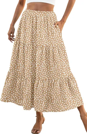 Naggoo Women's Summer Maxi Skirt Tiered A Line Ruffle Elastic High Waisted Flowy Beach Long Skirts with Pockets