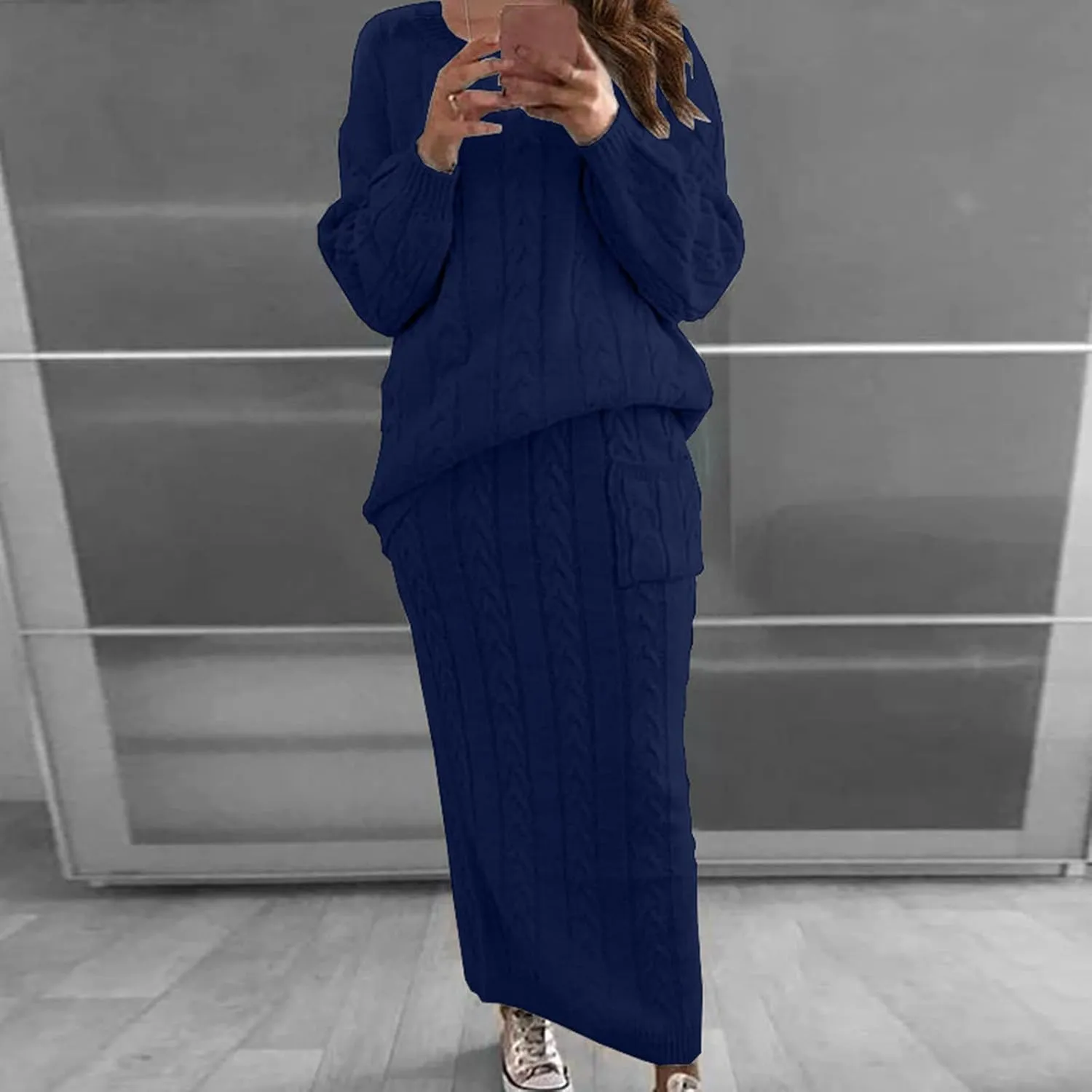 NaRHbrg Plus Size Sweater for Women's Winter Chunky Cable Knit Long Skirt 2 Piece Outfit Sweater Sets Warm Casual Suit