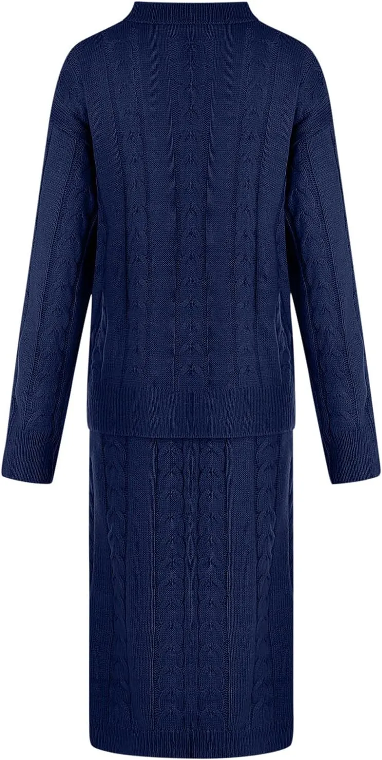 NaRHbrg Plus Size Sweater for Women's Winter Chunky Cable Knit Long Skirt 2 Piece Outfit Sweater Sets Warm Casual Suit