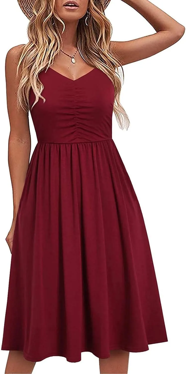 NaRHbrg Women's Sleeveless Midi Dress V Neck Ruched Casual Summer A-Line Sundress Elegant Flowy Swing Dress