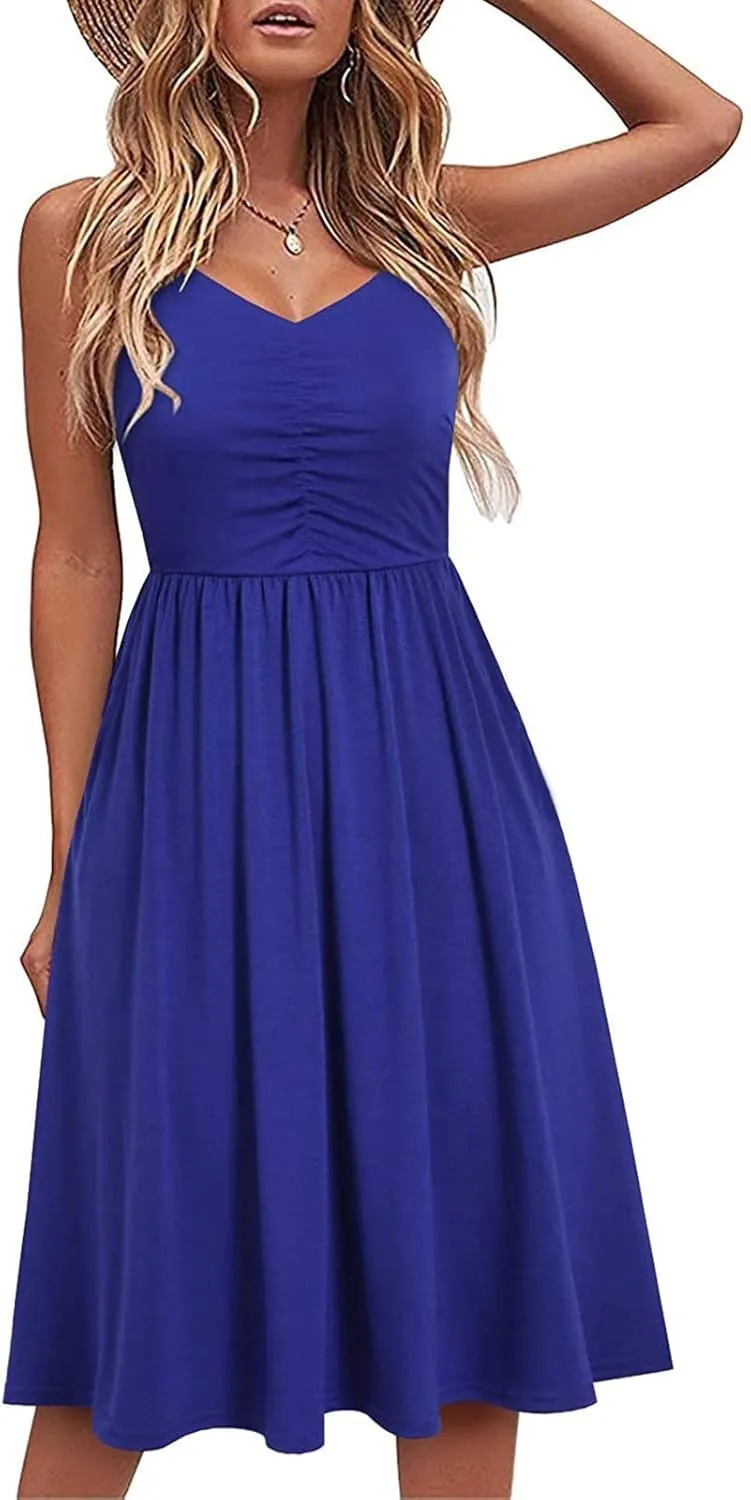 NaRHbrg Women's Sleeveless Midi Dress V Neck Ruched Casual Summer A-Line Sundress Elegant Flowy Swing Dress