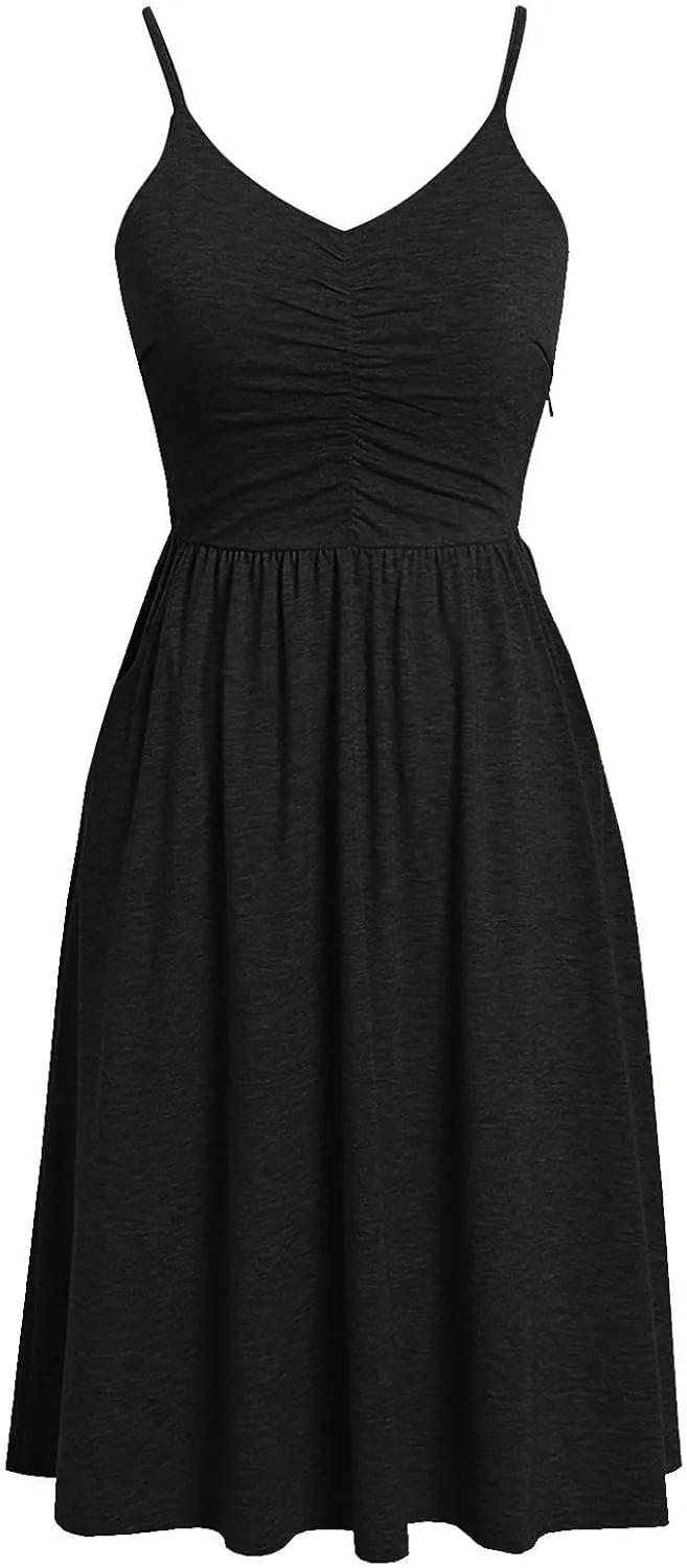 NaRHbrg Women's Sleeveless Midi Dress V Neck Ruched Casual Summer A-Line Sundress Elegant Flowy Swing Dress