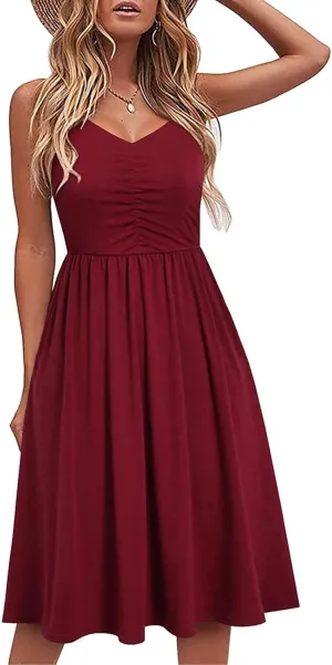 NaRHbrg Women's Sleeveless Midi Dress V Neck Ruched Casual Summer A-Line Sundress Elegant Flowy Swing Dress