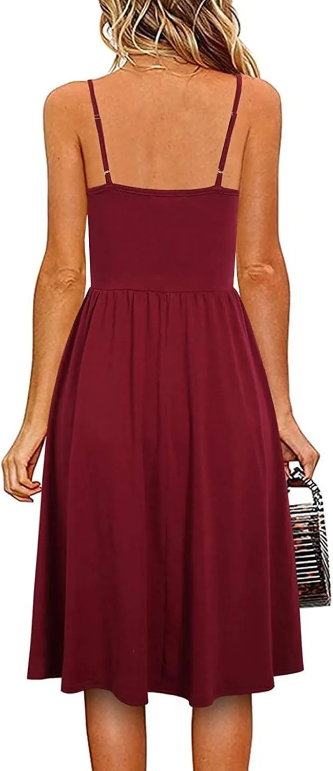 NaRHbrg Women's Sleeveless Midi Dress V Neck Ruched Casual Summer A-Line Sundress Elegant Flowy Swing Dress