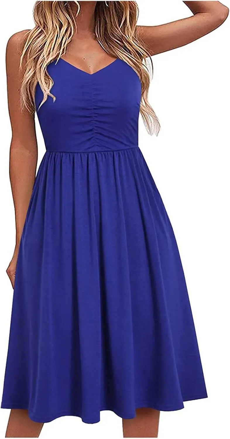 NaRHbrg Women's Sleeveless Midi Dress V Neck Ruched Casual Summer A-Line Sundress Elegant Flowy Swing Dress
