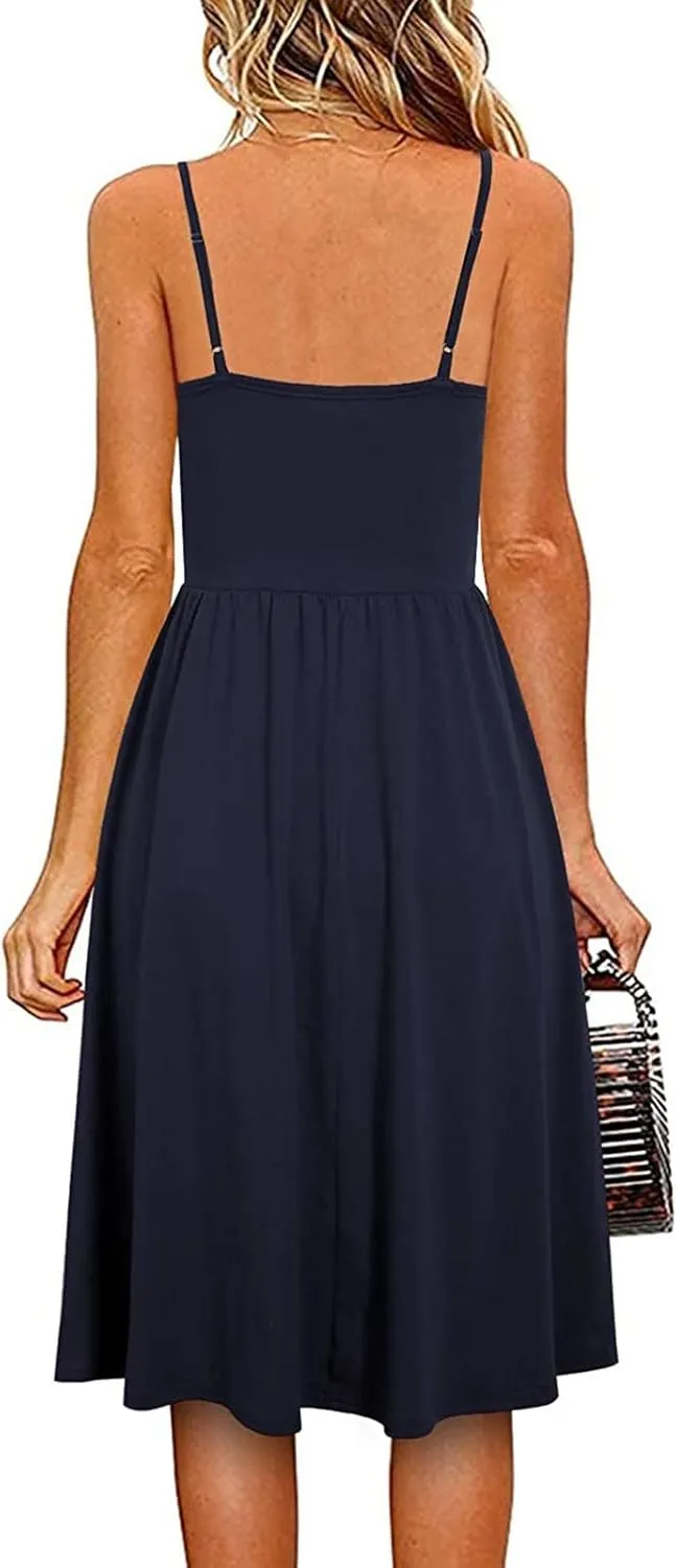 NaRHbrg Women's Sleeveless Midi Dress V Neck Ruched Casual Summer A-Line Sundress Elegant Flowy Swing Dress