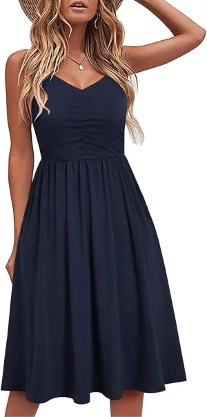 NaRHbrg Women's Sleeveless Midi Dress V Neck Ruched Casual Summer A-Line Sundress Elegant Flowy Swing Dress