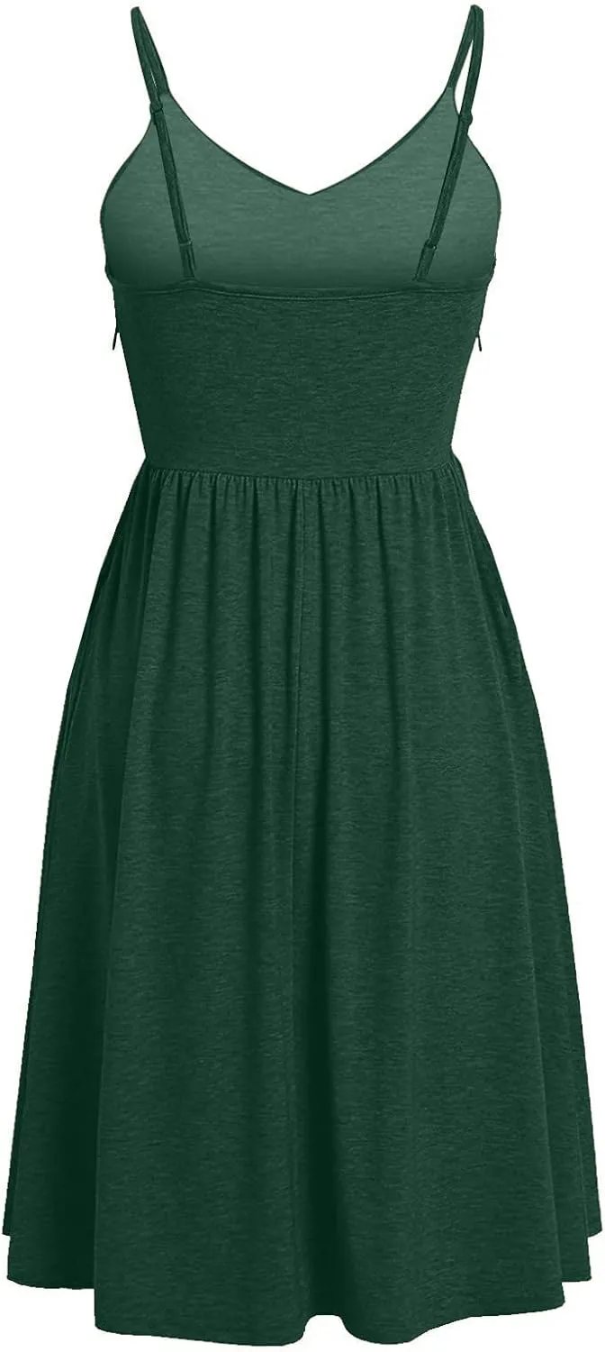 NaRHbrg Women's Sleeveless Midi Dress V Neck Ruched Casual Summer A-Line Sundress Elegant Flowy Swing Dress