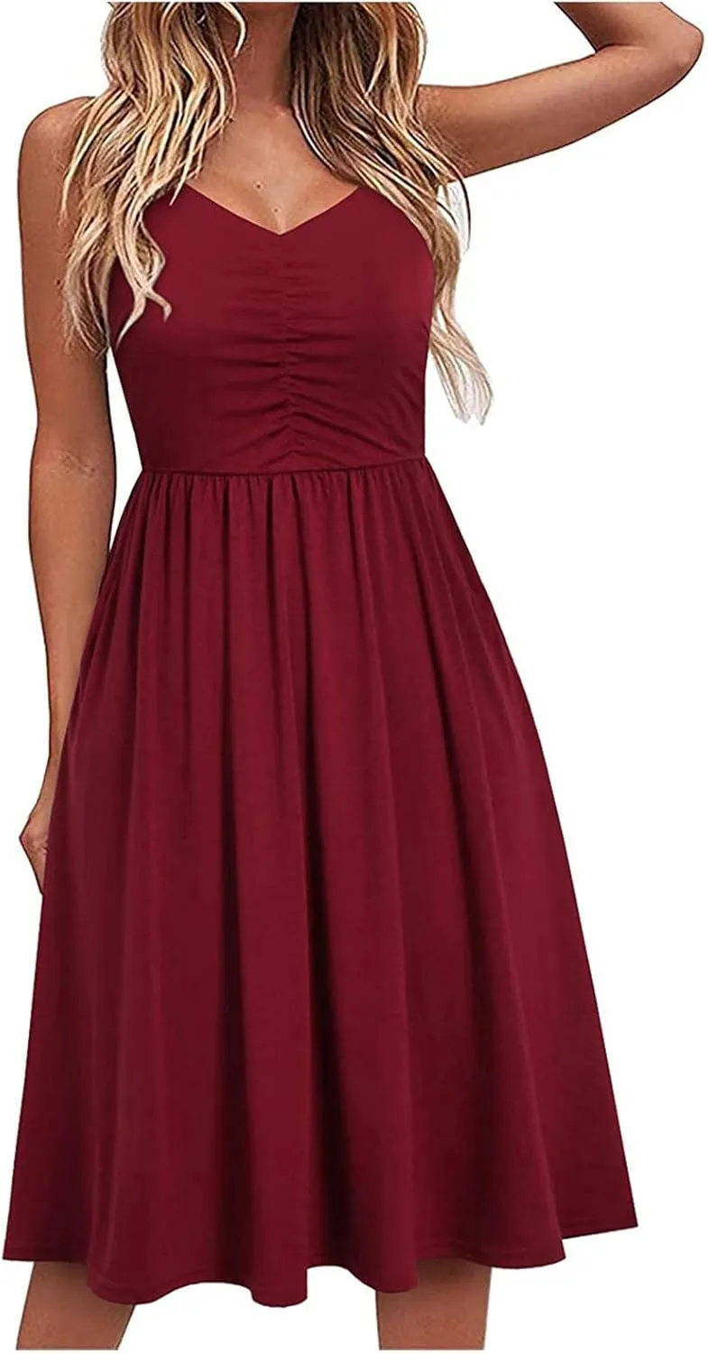 NaRHbrg Women's Sleeveless Midi Dress V Neck Ruched Casual Summer A-Line Sundress Elegant Flowy Swing Dress