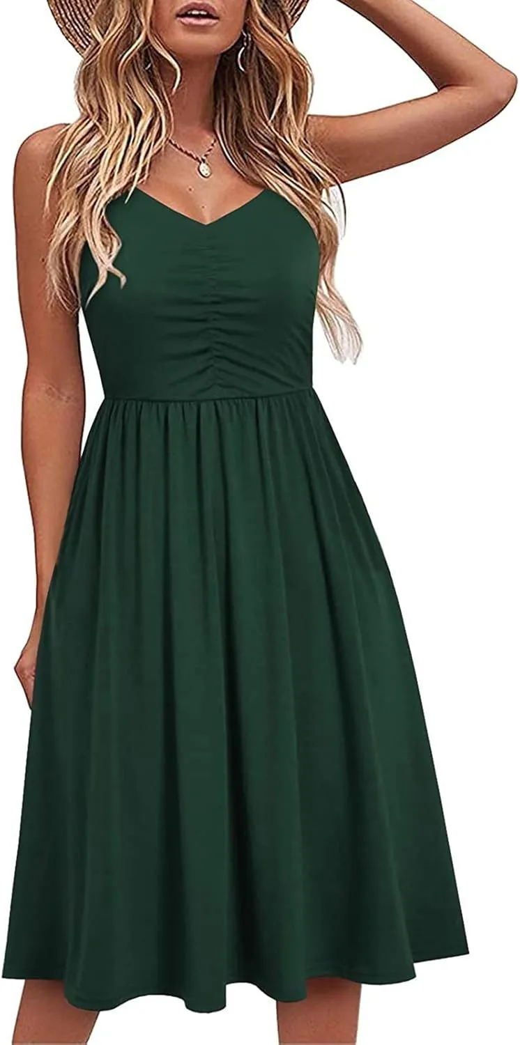 NaRHbrg Women's Sleeveless Midi Dress V Neck Ruched Casual Summer A-Line Sundress Elegant Flowy Swing Dress