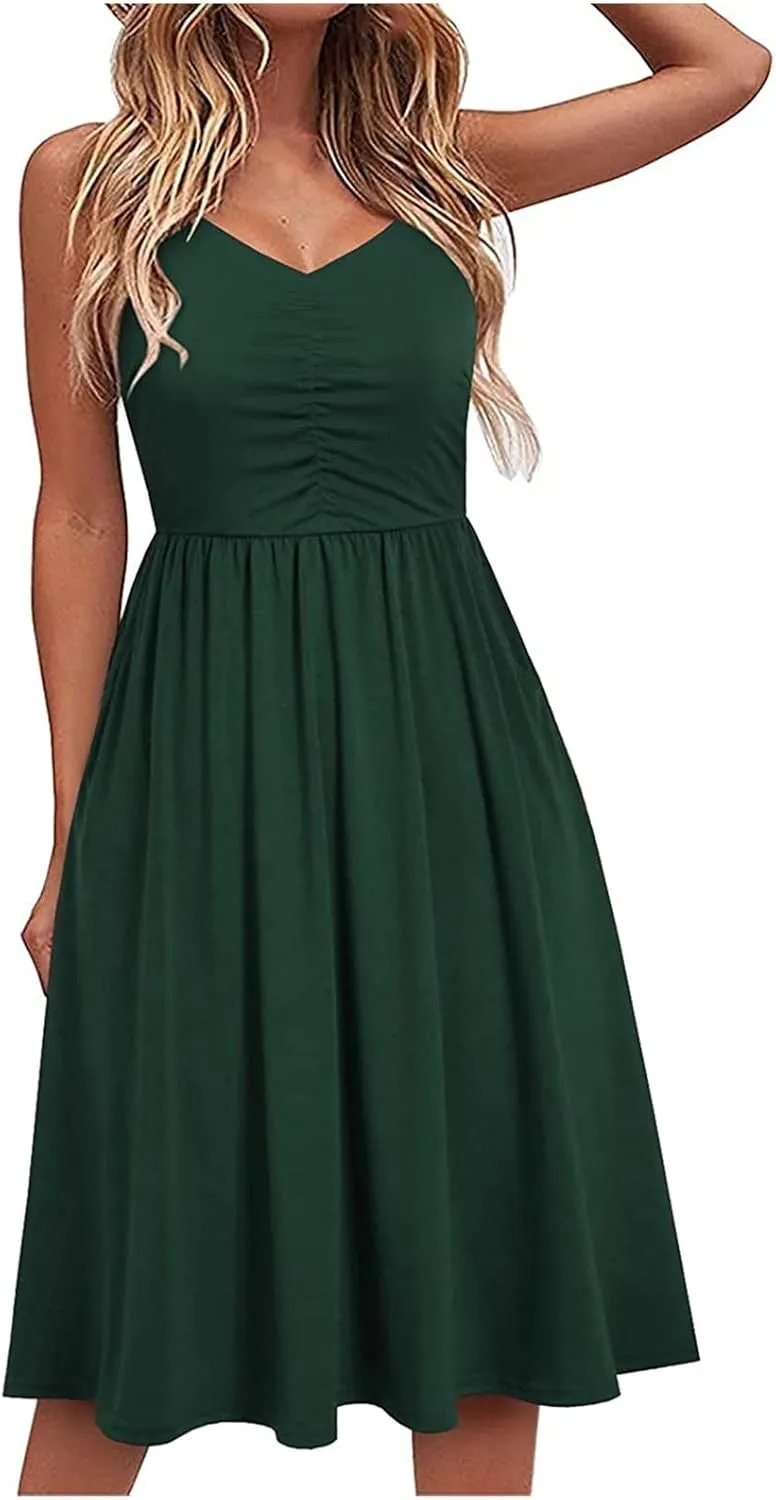 NaRHbrg Women's Sleeveless Midi Dress V Neck Ruched Casual Summer A-Line Sundress Elegant Flowy Swing Dress