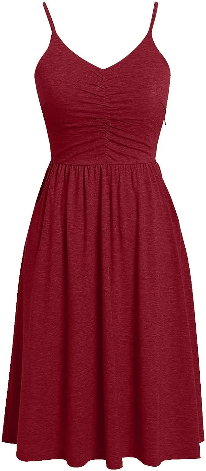 NaRHbrg Women's Sleeveless Midi Dress V Neck Ruched Casual Summer A-Line Sundress Elegant Flowy Swing Dress