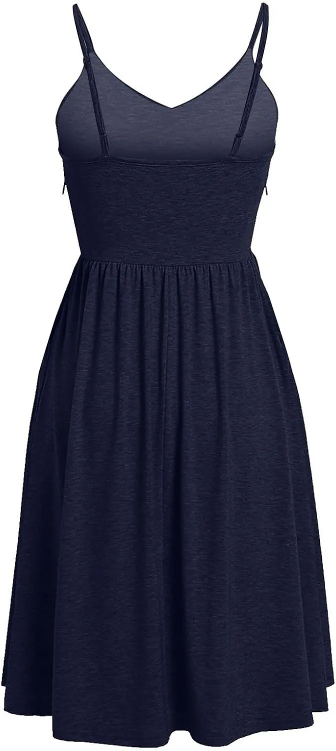 NaRHbrg Women's Sleeveless Midi Dress V Neck Ruched Casual Summer A-Line Sundress Elegant Flowy Swing Dress