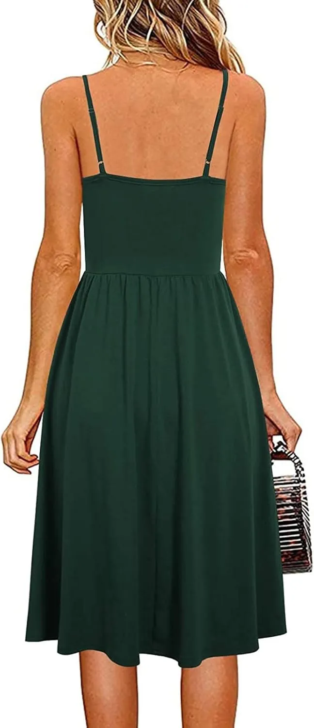 NaRHbrg Women's Sleeveless Midi Dress V Neck Ruched Casual Summer A-Line Sundress Elegant Flowy Swing Dress