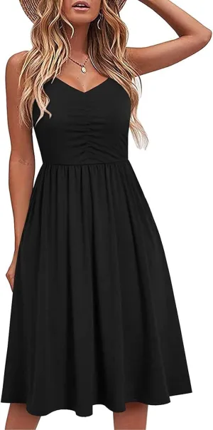 NaRHbrg Women's Sleeveless Midi Dress V Neck Ruched Casual Summer A-Line Sundress Elegant Flowy Swing Dress