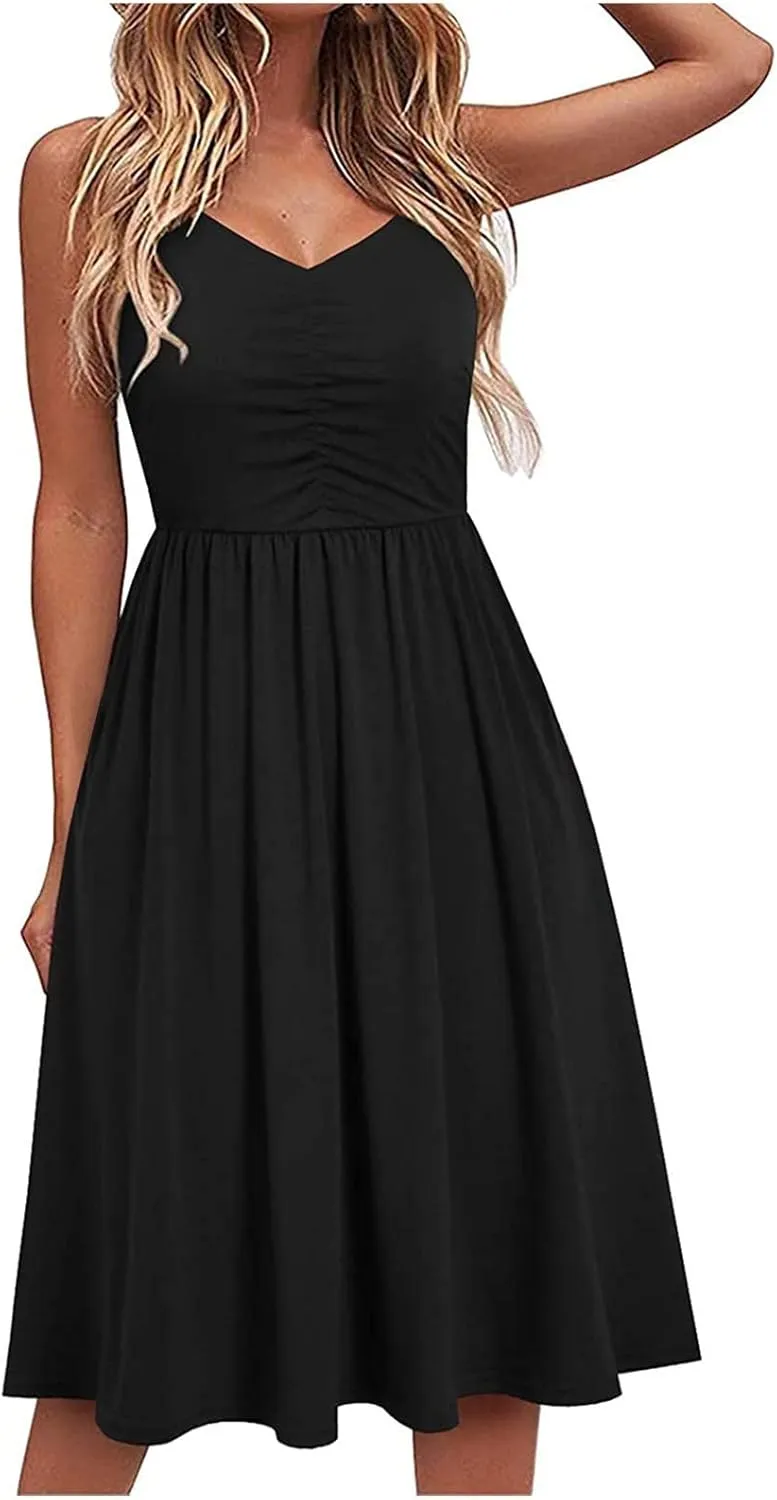 NaRHbrg Women's Sleeveless Midi Dress V Neck Ruched Casual Summer A-Line Sundress Elegant Flowy Swing Dress