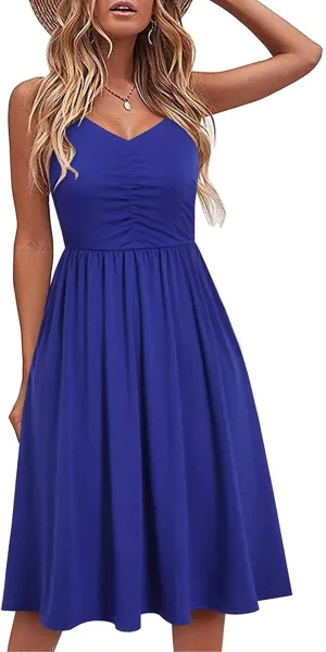 NaRHbrg Women's Sleeveless Midi Dress V Neck Ruched Casual Summer A-Line Sundress Elegant Flowy Swing Dress