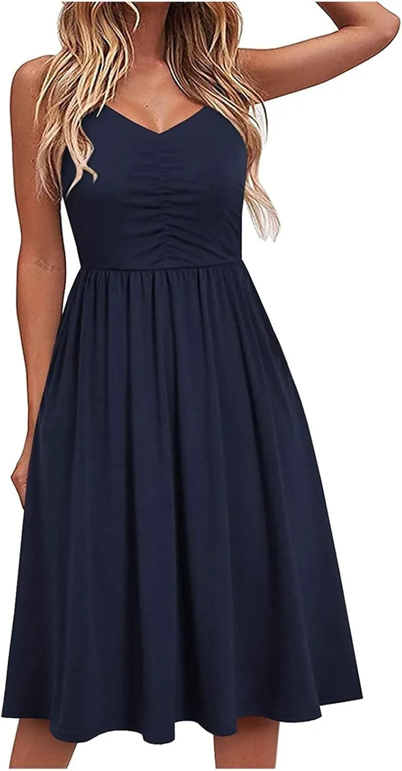 NaRHbrg Women's Sleeveless Midi Dress V Neck Ruched Casual Summer A-Line Sundress Elegant Flowy Swing Dress