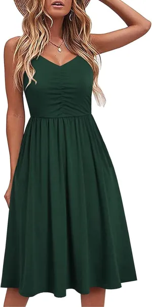 NaRHbrg Women's Sleeveless Midi Dress V Neck Ruched Casual Summer A-Line Sundress Elegant Flowy Swing Dress