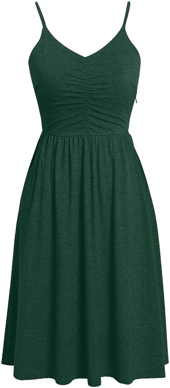 NaRHbrg Women's Sleeveless Midi Dress V Neck Ruched Casual Summer A-Line Sundress Elegant Flowy Swing Dress