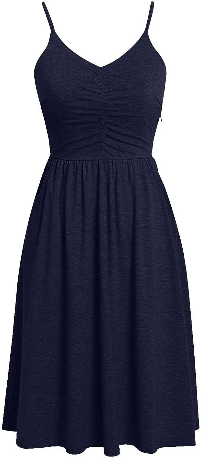 NaRHbrg Women's Sleeveless Midi Dress V Neck Ruched Casual Summer A-Line Sundress Elegant Flowy Swing Dress