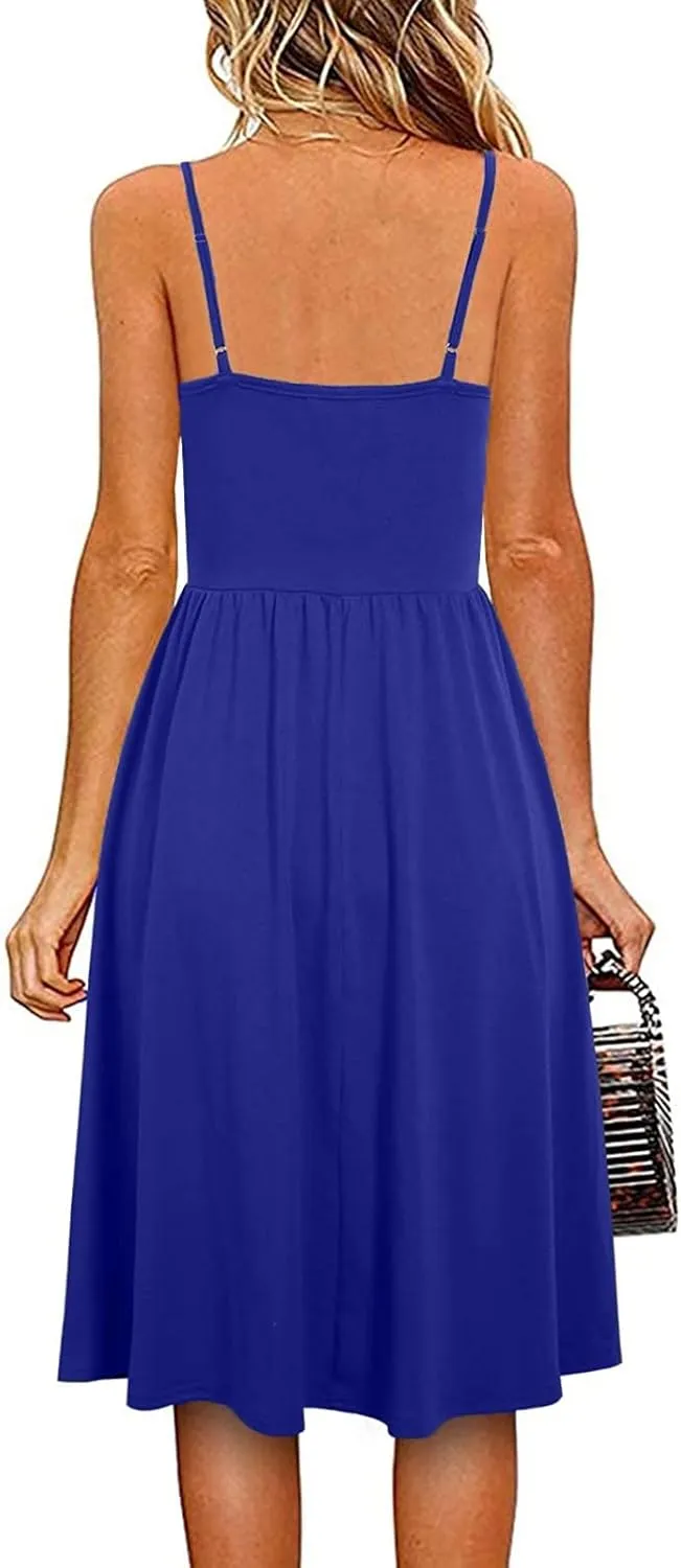 NaRHbrg Women's Sleeveless Midi Dress V Neck Ruched Casual Summer A-Line Sundress Elegant Flowy Swing Dress