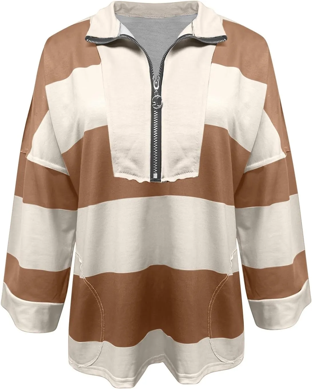 Oversized Sweatshirt Long Sleeve Half Zip Casual Tops for Women V Neck Striped Colour Block 2024 Fashion Fall Sweater