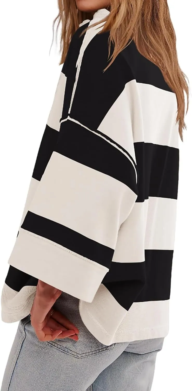 Oversized Sweatshirt Long Sleeve Half Zip Casual Tops for Women V Neck Striped Colour Block 2024 Fashion Fall Sweater