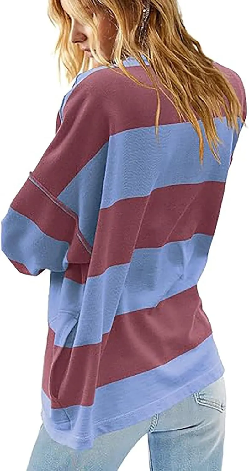 Oversized Sweatshirt Long Sleeve Half Zip Casual Tops for Women V Neck Striped Colour Block 2024 Fashion Fall Sweater