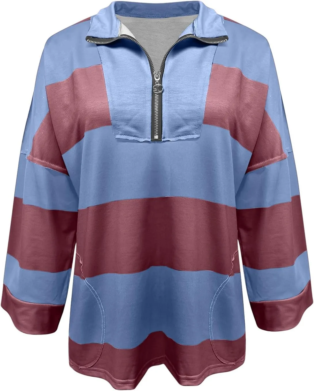 Oversized Sweatshirt Long Sleeve Half Zip Casual Tops for Women V Neck Striped Colour Block 2024 Fashion Fall Sweater