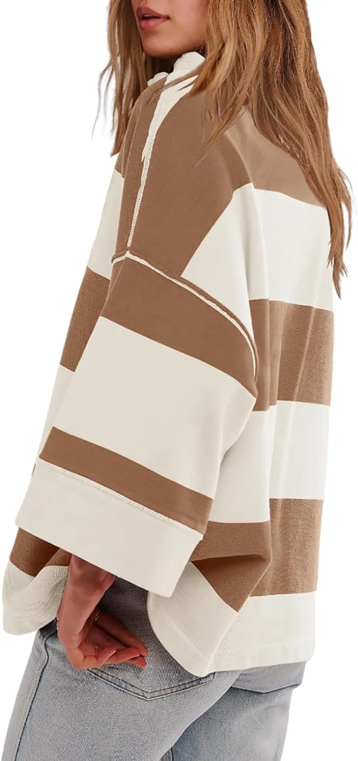 Oversized Sweatshirt Long Sleeve Half Zip Casual Tops for Women V Neck Striped Colour Block 2024 Fashion Fall Sweater