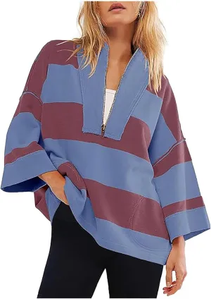 Oversized Sweatshirt Long Sleeve Half Zip Casual Tops for Women V Neck Striped Colour Block 2024 Fashion Fall Sweater