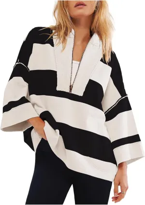 Oversized Sweatshirt Long Sleeve Half Zip Casual Tops for Women V Neck Striped Colour Block 2024 Fashion Fall Sweater