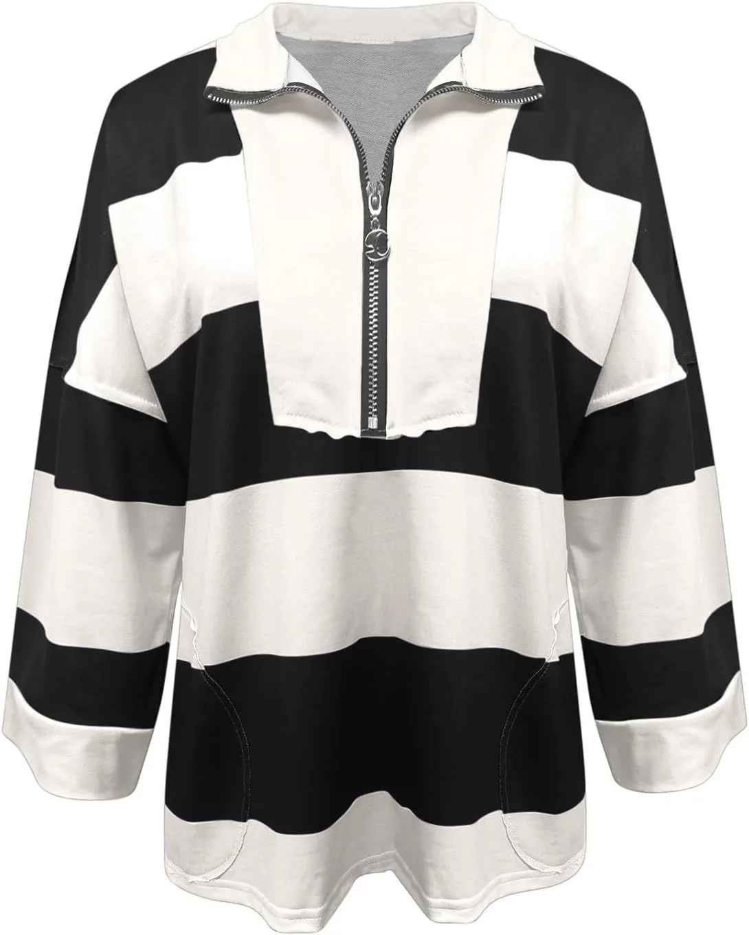 Oversized Sweatshirt Long Sleeve Half Zip Casual Tops for Women V Neck Striped Colour Block 2024 Fashion Fall Sweater