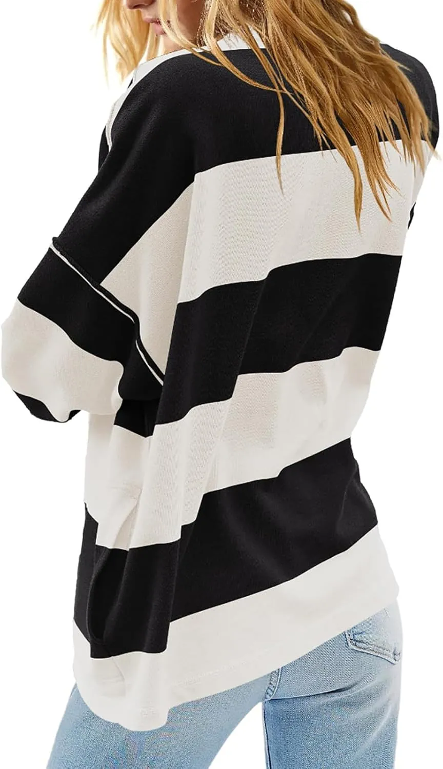 Oversized Sweatshirt Long Sleeve Half Zip Casual Tops for Women V Neck Striped Colour Block 2024 Fashion Fall Sweater