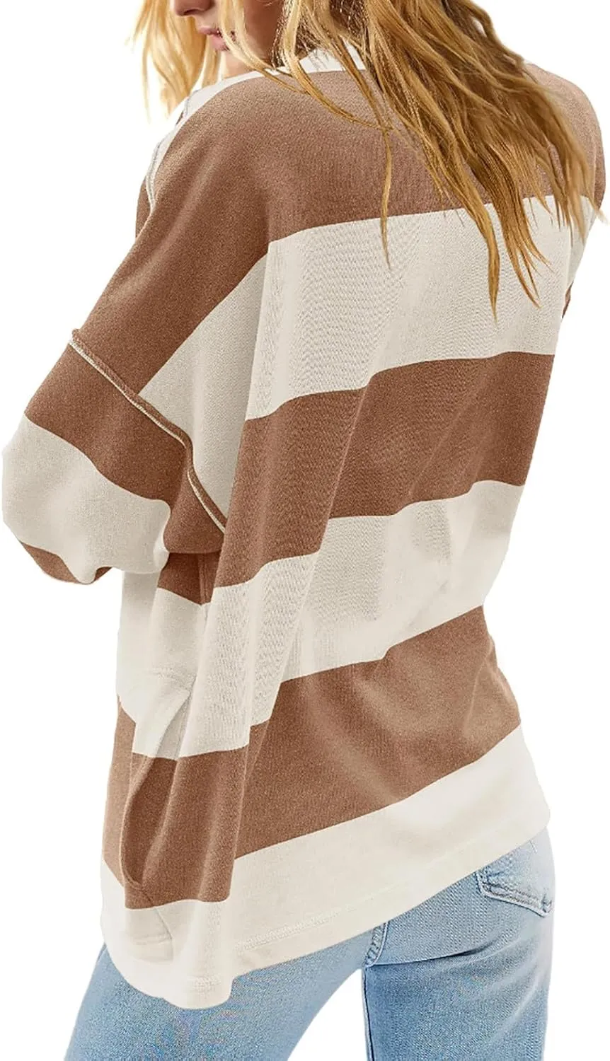 Oversized Sweatshirt Long Sleeve Half Zip Casual Tops for Women V Neck Striped Colour Block 2024 Fashion Fall Sweater