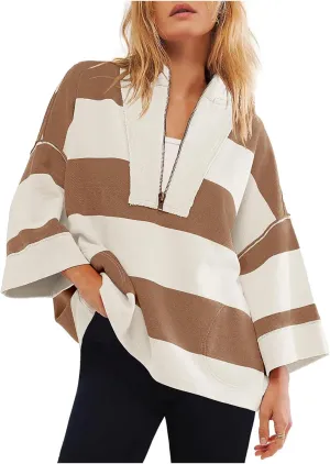 Oversized Sweatshirt Long Sleeve Half Zip Casual Tops for Women V Neck Striped Colour Block 2024 Fashion Fall Sweater