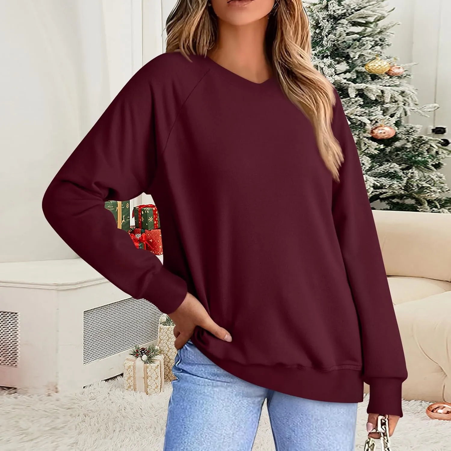 Oversized V Neck Sweatshirt Women Plus Size Plain Pullover Sweatshirts Cute Teen Long Sleeve Sweat Shirts Y2k Tops