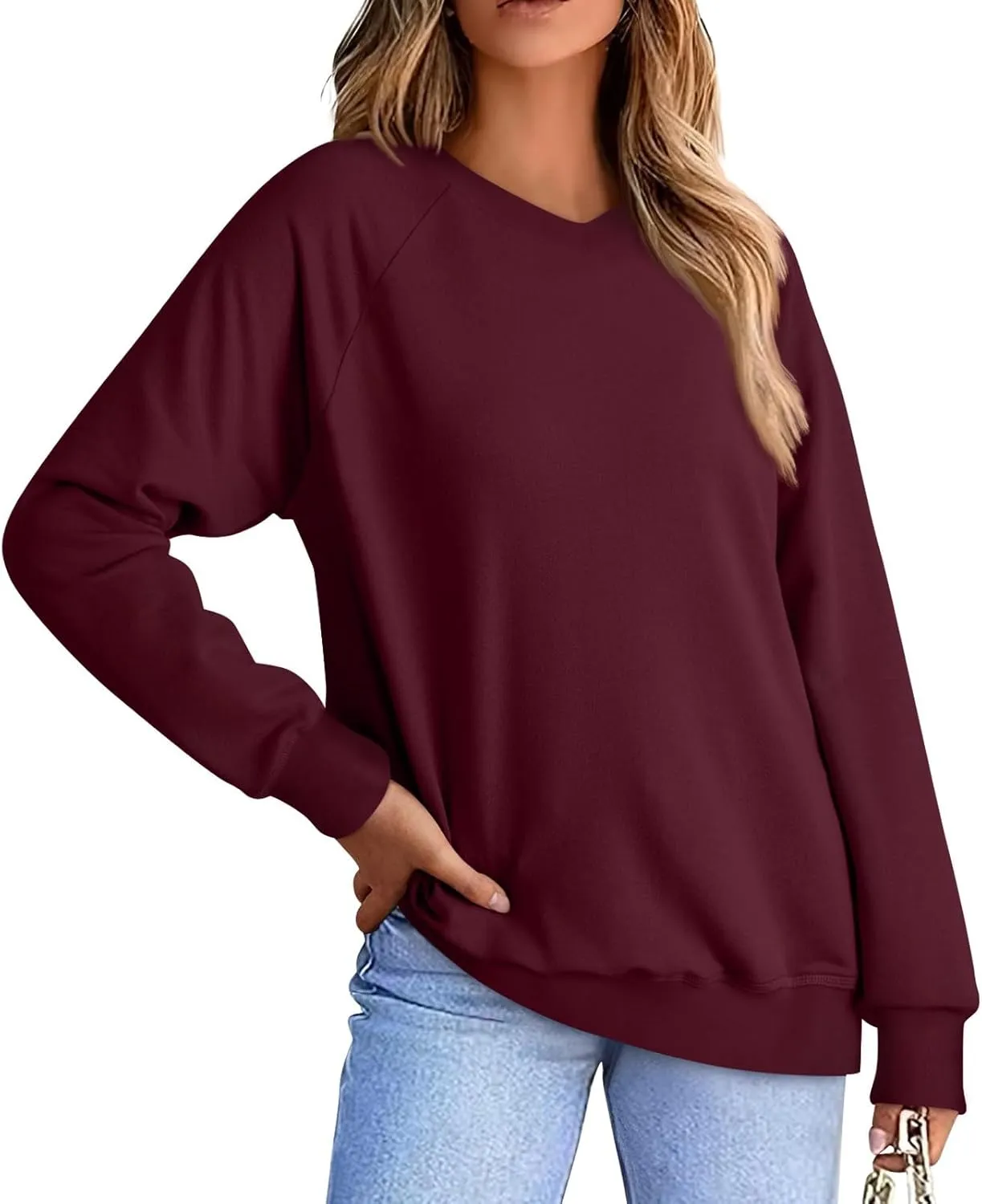 Oversized V Neck Sweatshirt Women Plus Size Plain Pullover Sweatshirts Cute Teen Long Sleeve Sweat Shirts Y2k Tops