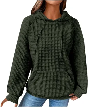 Oversized Waffle Knit Hoodie Sweatshirts for Women Causal Fall Fashion Clothes Solid Drawstring Pullover Hoodies