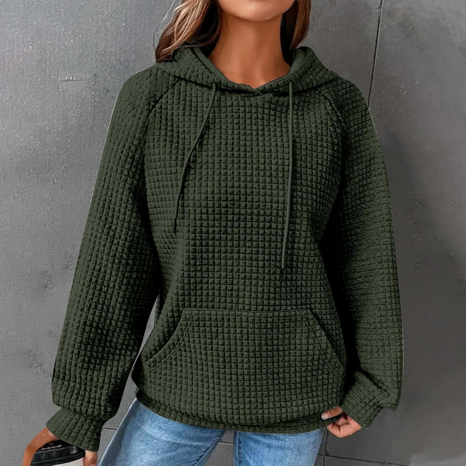 Oversized Waffle Knit Hoodie Sweatshirts for Women Causal Fall Fashion Clothes Solid Drawstring Pullover Hoodies