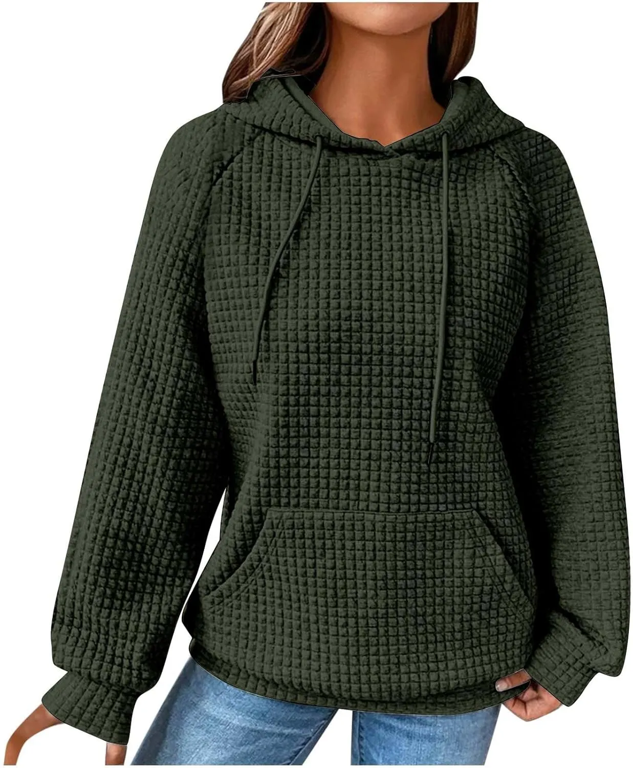 Oversized Waffle Knit Hoodie Sweatshirts for Women Causal Fall Fashion Clothes Solid Drawstring Pullover Hoodies