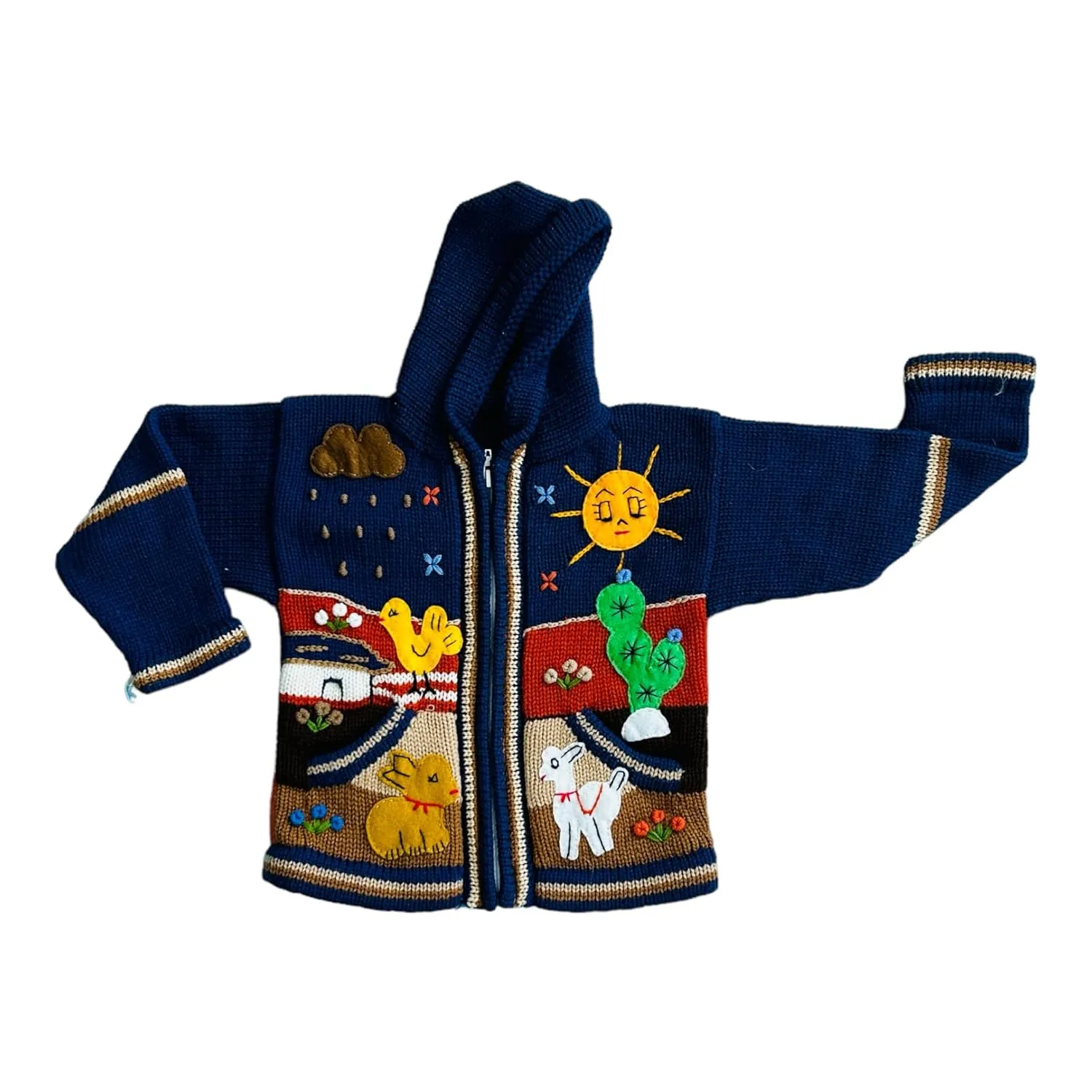 Peruvian Wool Knitted Sweater with hoodie for babies & toddlers, Unisex, Chompas Peruanas, fall winter sweater, colorful jacket for kids (4T, Navy Blue)