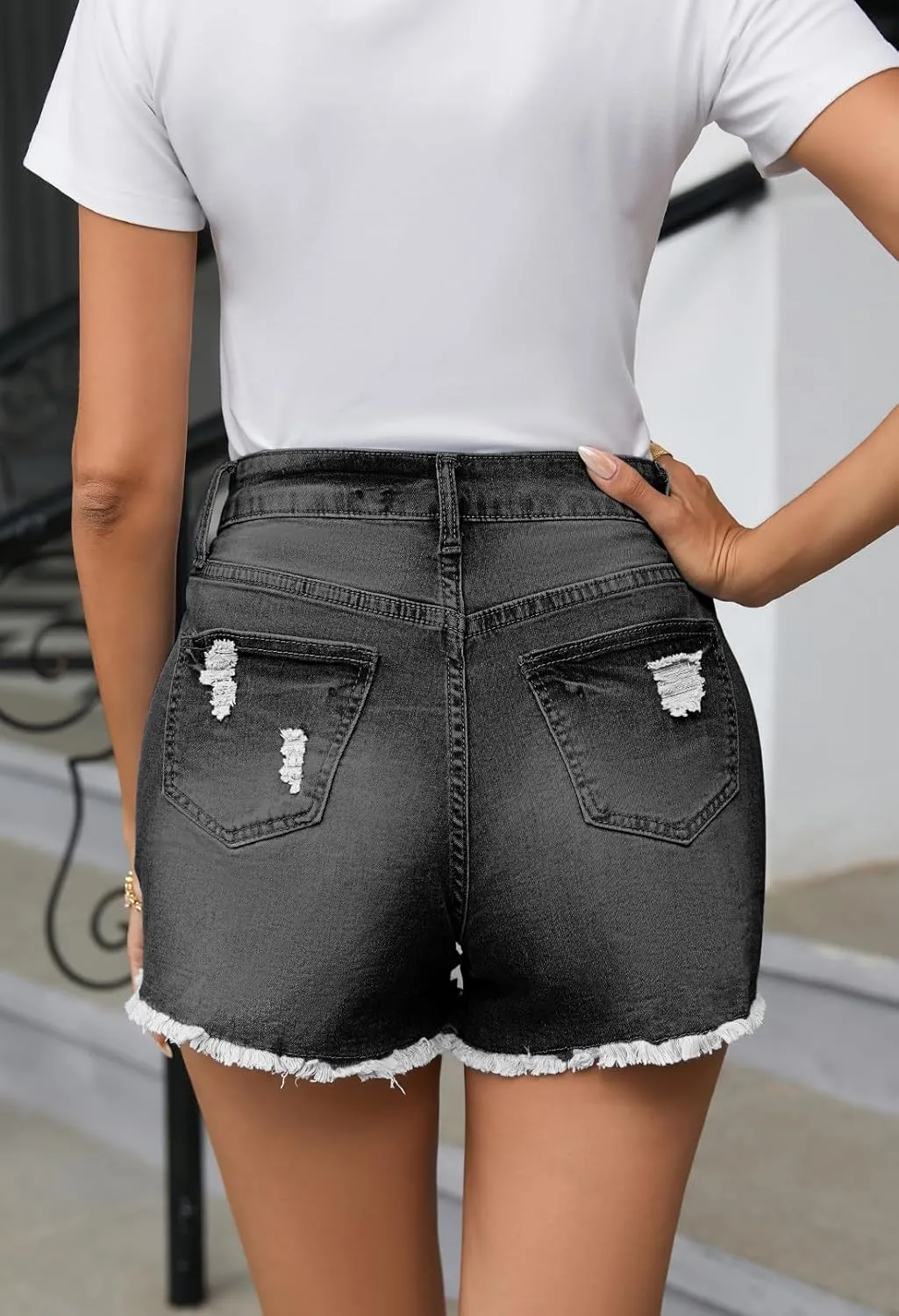 Pink Queen Women's High Waisted Denim Shorts Casual Ripped Summer Hot Short Jeans Frayed Distressed Jeans Shorts with Pockets