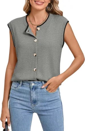 Pink Queen Women's Sweater Vest 2025 Sleeveless Tank Tops Casual Crewneck Button Down Fashion Knitted Vest Cardigans