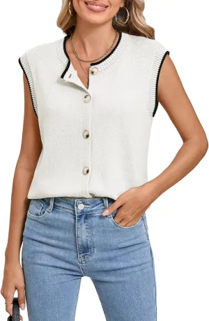 Pink Queen Women's Sweater Vest 2025 Sleeveless Tank Tops Casual Crewneck Button Down Fashion Knitted Vest Cardigans