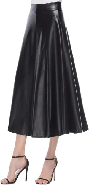 Pleated Skirts for Women Elegant Flowy Ruffle Long Leather Skirts Trendy High Waisted Solid Color Mini PU Skirt
