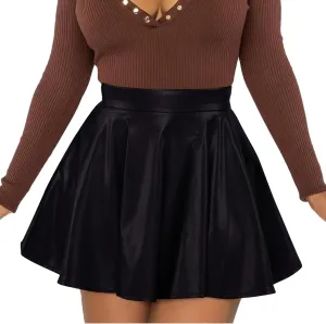 Pleated Skirts for Women Elegant Flowy Ruffle Long Leather Skirts Trendy High Waisted Solid Color Mini PU Skirt