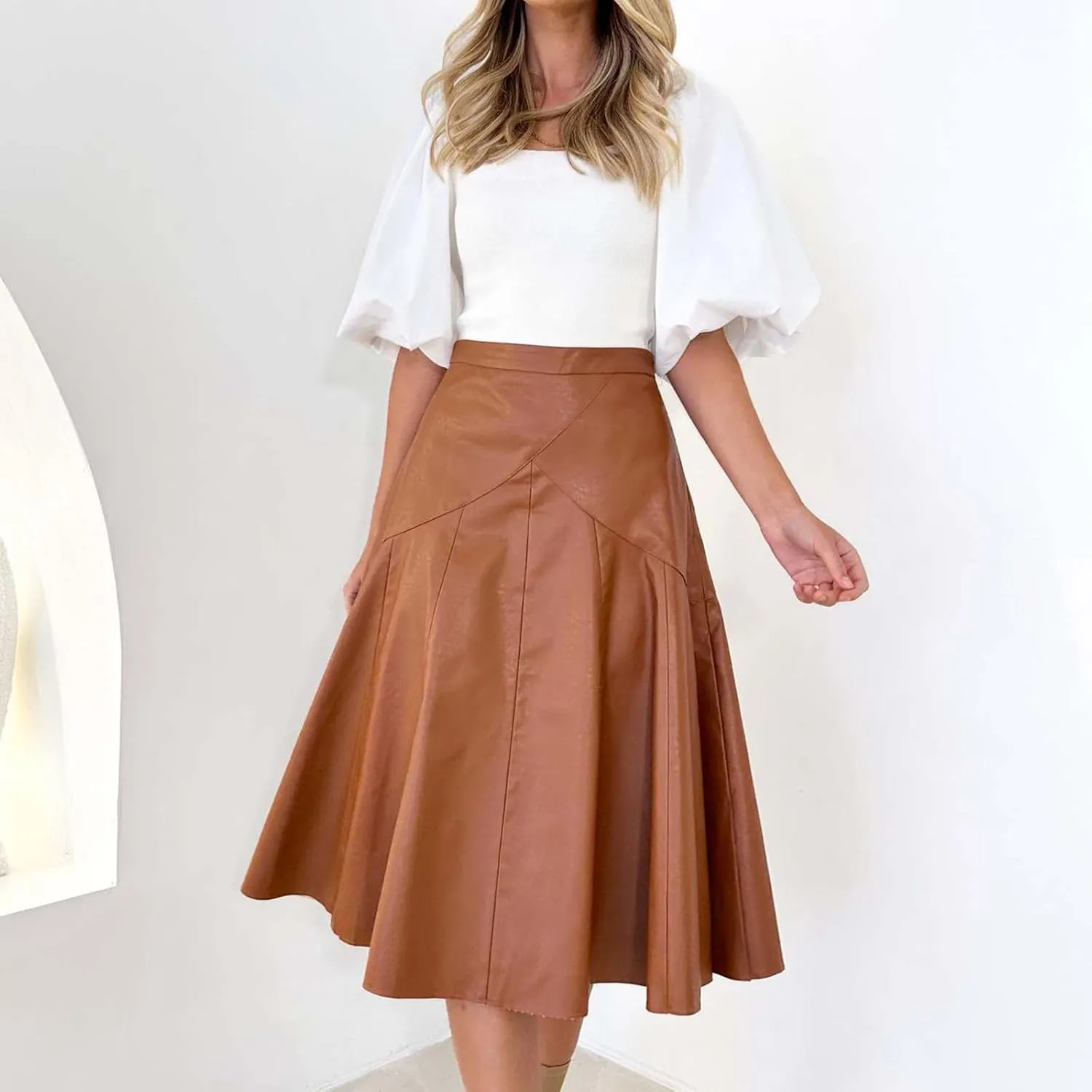 Pleated Skirts for Women Elegant Flowy Ruffle Long Leather Skirts Trendy High Waisted Solid Color Mini PU Skirt